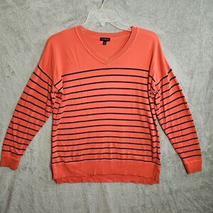 Talbots Women's Sz Med Pink Coral Blue Stripe Vneck Sweater 3/4 sleeve
